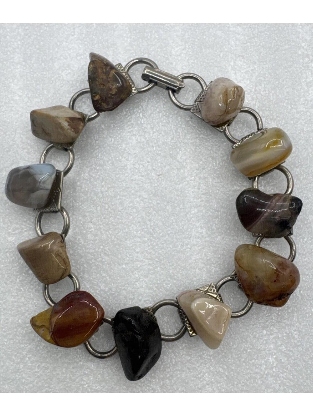 Vintage 7” Natural Polished Tumbled Stones Link Bracelet Silver Tone